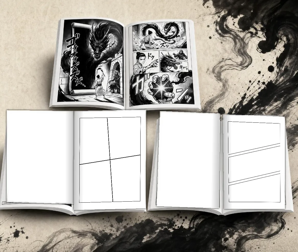 The book open to a spread of open frames beside the printed story.