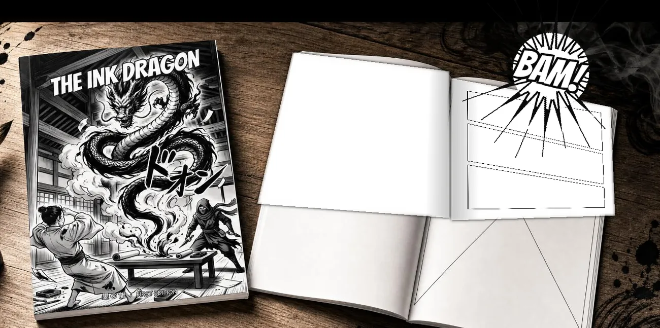 The Ink Dragon on a desk beside a brush and inkstone, open to a spread of open frames.