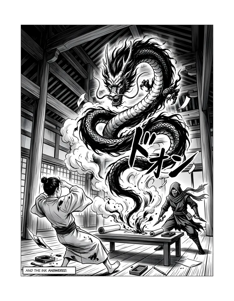 Interior page: the dragon coils above a mountain range under a full moon.